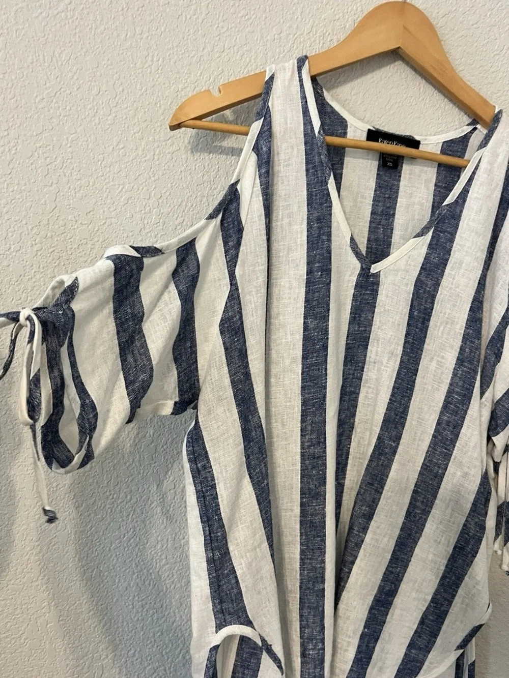 Karen Kane Cold Shoulder Tie Sleeve V Top Navy Blue White Striped Linen Blouse
